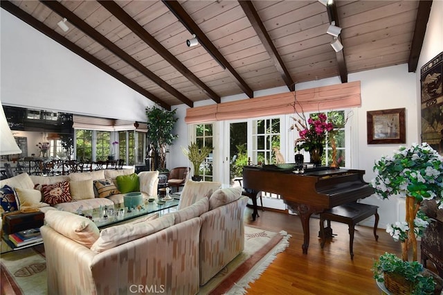 2363 Coldwater Canyon Dr, Beverly Hills, CA 90210 - living room featuring wooden ceiling with exposed beams, track lighting, wood finished floors, healthy amount of natural light, and high vaulted ceiling