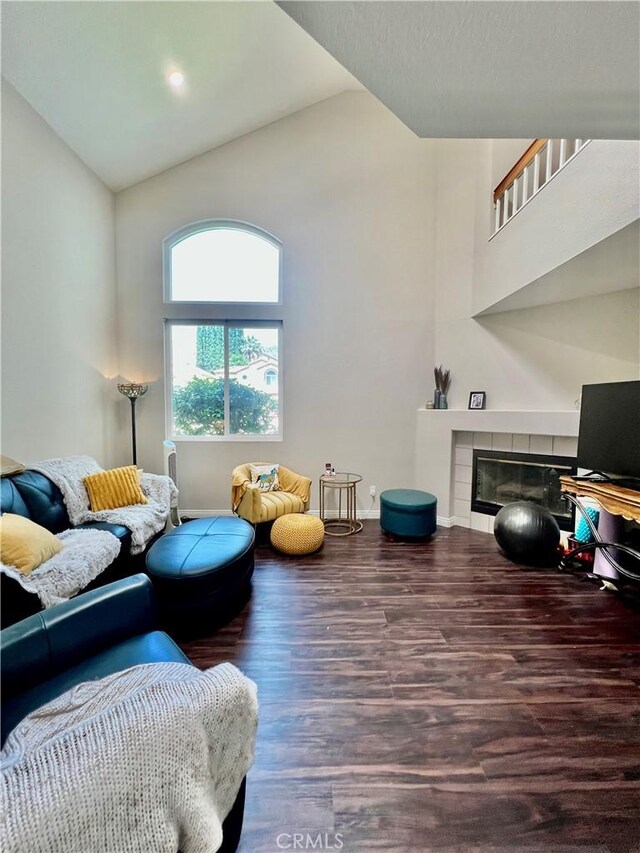 29403 Clear View Ln, Highland, CA 92346 - living area with wood finished floors, a fireplace, high vaulted ceiling, and baseboards