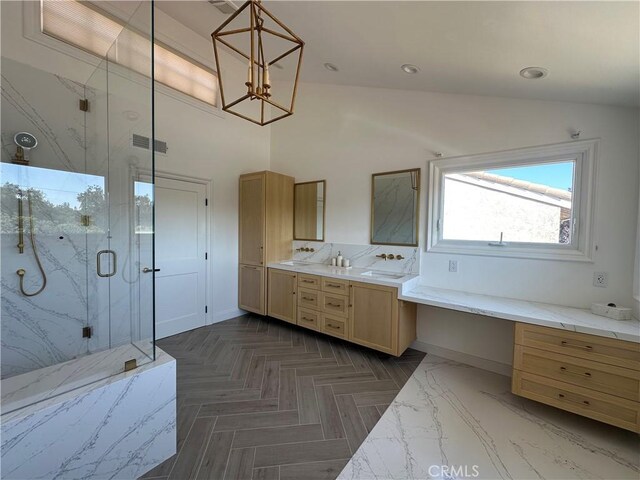 23128 Park Sorrento, Calabasas, CA 91302 - bathroom featuring a marble finish shower, double vanity, and a chandelier