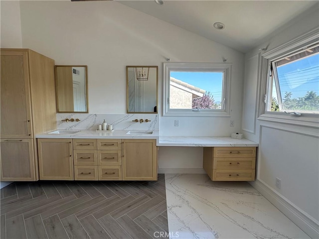 23128 Park Sorrento, Calabasas, CA 91302 - bathroom featuring lofted ceiling, double vanity, baseboards, and recessed lighting