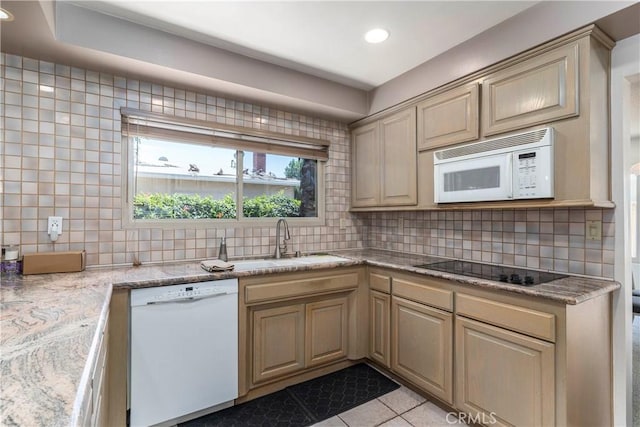 11829 Balboa Blvd, Granada Hills, CA 91344 - kitchen featuring white appliances, a sink, tasteful backsplash, light tile patterned flooring, and recessed lighting