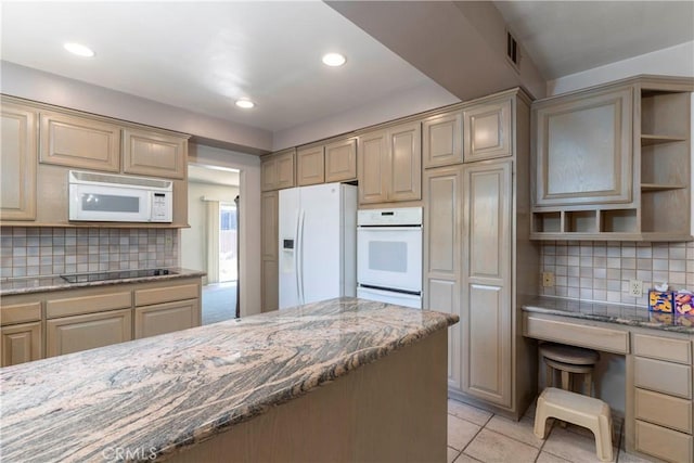 11829 Balboa Blvd, Granada Hills, CA 91344 - kitchen with white appliances, open shelves, backsplash, stone countertops, and light tile patterned flooring