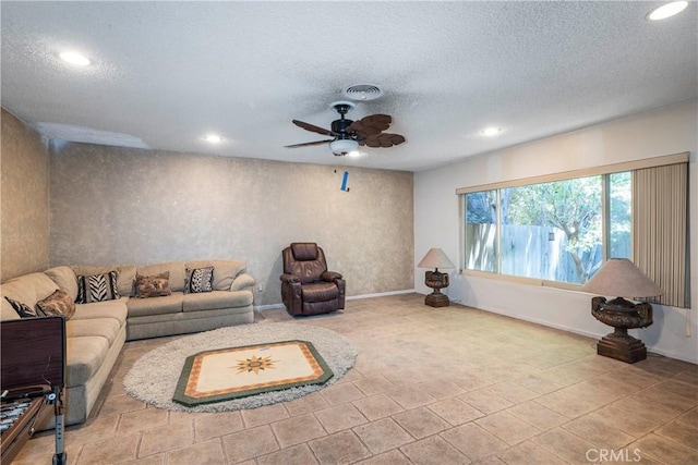 11829 Balboa Blvd, Granada Hills, CA 91344 - living room featuring ceiling fan, a textured ceiling, recessed lighting, and baseboards