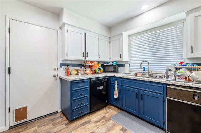 2192 Beverly Ave, Clovis, CA 93611 - kitchen with black appliances, blue cabinets, white cabinetry, a sink, and recessed lighting