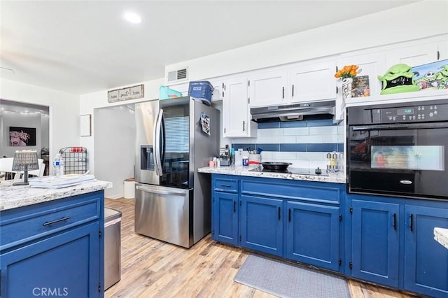2192 Beverly Ave, Clovis, CA 93611 - kitchen featuring blue cabinetry, black appliances, ventilation hood, tasteful backsplash, and light wood finished floors