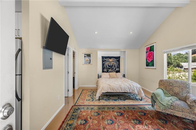 25159 Wheeler Rd, Newhall, CA 91321 - bedroom with lofted ceiling, electric panel, baseboards, light wood finished floors, and recessed lighting