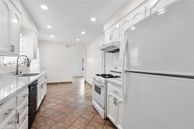 11422 Charlesworth Rd, Santa Fe Springs, CA 90670 - kitchen featuring white appliances, a sink, under cabinet range hood, recessed lighting, and white cabinets