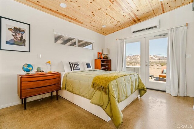 79124 Valle Vista Rd Unit 29, Palms, CA 92277 - bedroom featuring a wall mounted air conditioner, access to exterior, wood ceiling, french doors, and baseboards