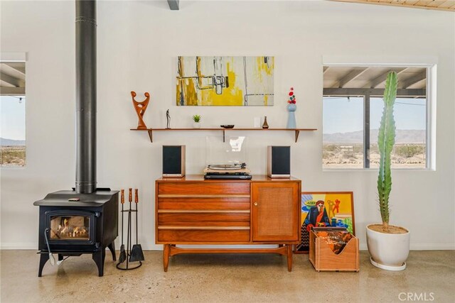79124 Valle Vista Rd Unit 29, Palms, CA 92277 - detailed view of a wood stove, speckled floor, and baseboards