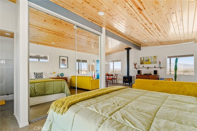 79124 Valle Vista Rd Unit 29, Palms, CA 92277 - carpeted bedroom with a wood stove and wood ceiling