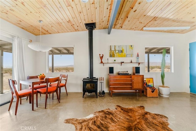 79124 Valle Vista Rd Unit 29, Palms, CA 92277 - sitting room featuring a wood stove, healthy amount of natural light, and wooden ceiling