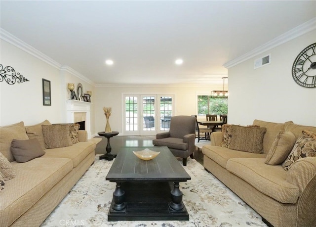 4784 Browndeer Ln, Rancho Palos Verdes, CA 90275 - living room featuring ornamental molding, a chandelier, recessed lighting, and a fireplace