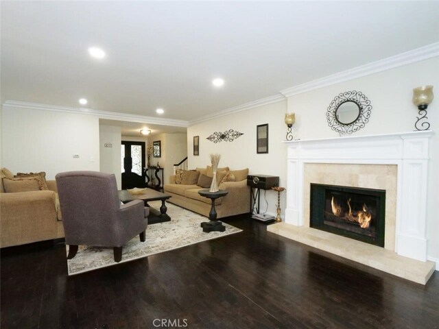 4784 Browndeer Ln, Rancho Palos Verdes, CA 90275 - living area featuring ornamental molding, wood finished floors, a lit fireplace, and recessed lighting