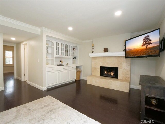 4784 Browndeer Ln, Rancho Palos Verdes, CA 90275 - living room with a premium fireplace, dark wood-type flooring, baseboards, recessed lighting, and crown molding