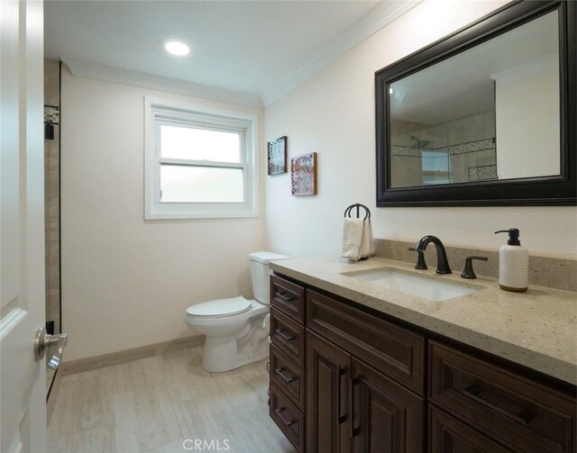 4784 Browndeer Ln, Rancho Palos Verdes, CA 90275 - full bath featuring vanity, ornamental molding, toilet, a tile shower, and baseboards