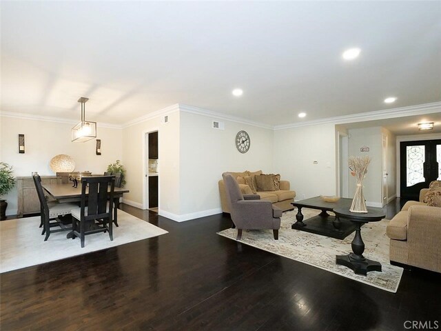 4784 Browndeer Ln, Rancho Palos Verdes, CA 90275 - living area featuring ornamental molding, dark wood finished floors, baseboards, and recessed lighting