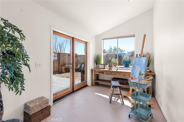 8830 Quail Springs Rd, Joshua Tree, CA 92252 - home office featuring french doors, vaulted ceiling, and finished concrete flooring