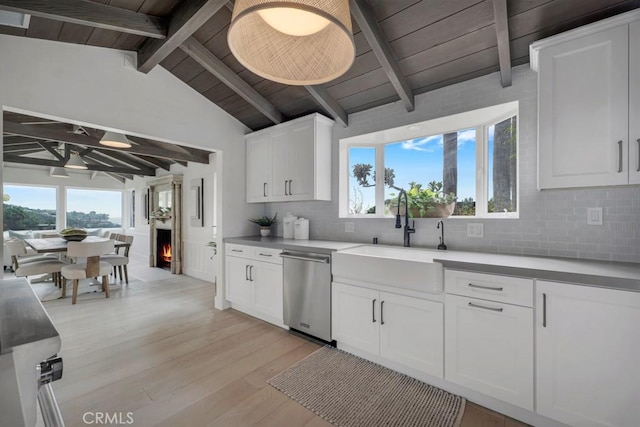 10 Camel Pt, Laguna Beach, CA 92651 - kitchen featuring dishwasher, a sink, light wood-type flooring, decorative backsplash, and wood ceiling