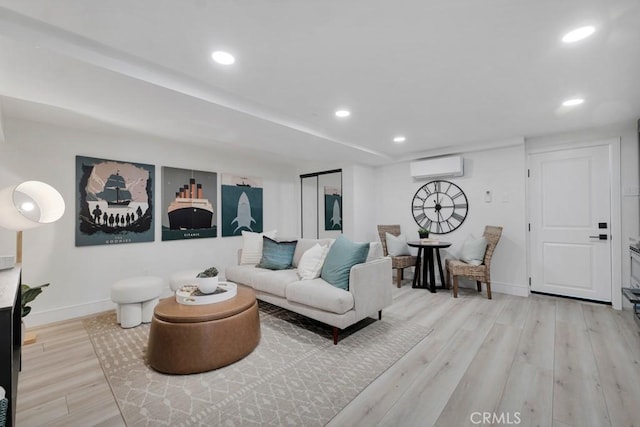 10 Camel Pt, Laguna Beach, CA 92651 - living room featuring a wall mounted air conditioner, baseboards, wood finished floors, and recessed lighting