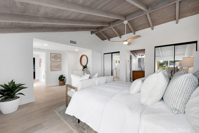 10 Camel Pt, Laguna Beach, CA 92651 - bedroom featuring light wood finished floors, baseboards, connected bathroom, wood ceiling, and a ceiling fan