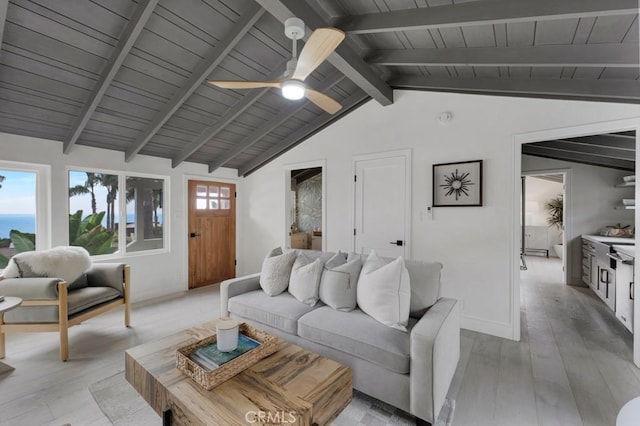 10 Camel Pt, Laguna Beach, CA 92651 - living room featuring light wood-style flooring, baseboards, ceiling fan, and wooden ceiling