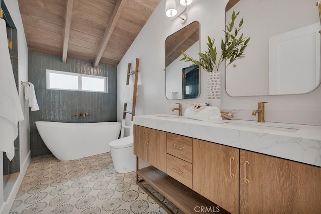 10 Camel Pt, Laguna Beach, CA 92651 - full bath with double vanity, a freestanding bath, wood ceiling with exposed beams, and toilet