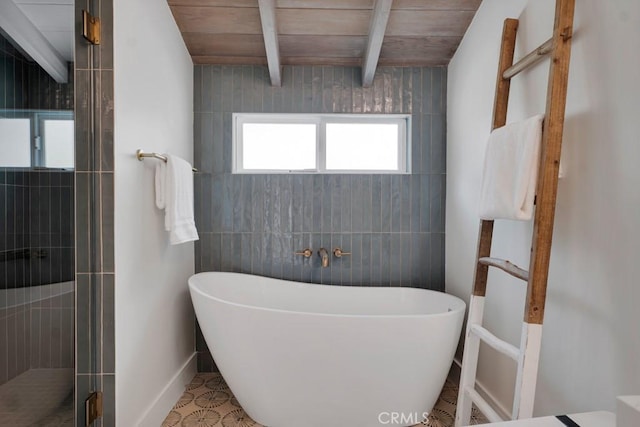 10 Camel Pt, Laguna Beach, CA 92651 - bathroom with a freestanding tub, wood ceiling with exposed beams, a tile shower, and baseboards