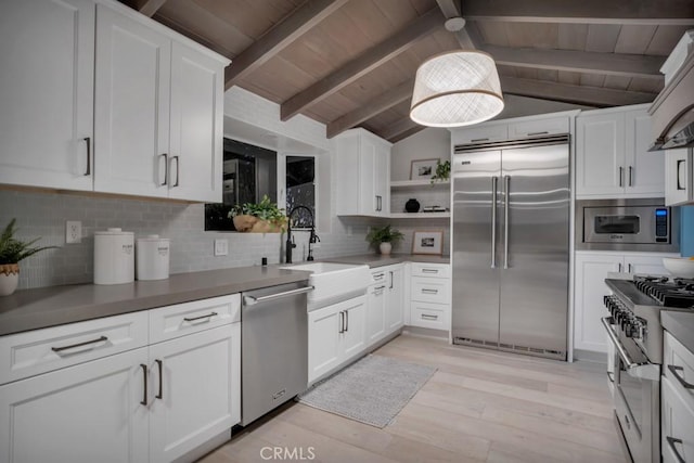 10 Camel Pt, Laguna Beach, CA 92651 - kitchen with built in appliances, wood ceiling, a sink, white cabinetry, and open shelves