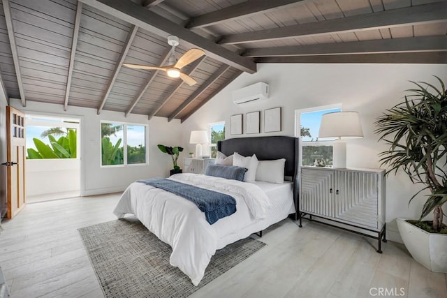 10 Camel Pt, Laguna Beach, CA 92651 - bedroom featuring a wall mounted AC, light wood-style flooring, wooden ceiling, and multiple windows