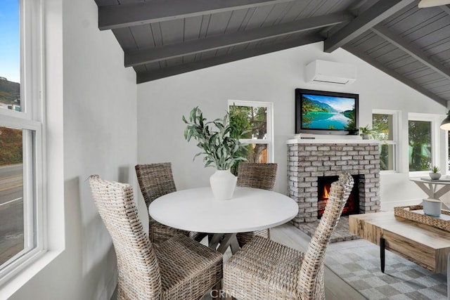 10 Camel Pt, Laguna Beach, CA 92651 - dining space featuring wood ceiling, a fireplace, wood finished floors, and a wall mounted AC