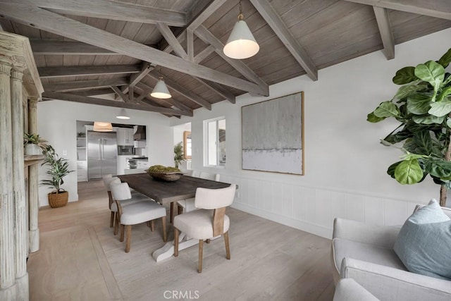 10 Camel Pt, Laguna Beach, CA 92651 - dining area with light wood finished floors, a wainscoted wall, and wooden ceiling