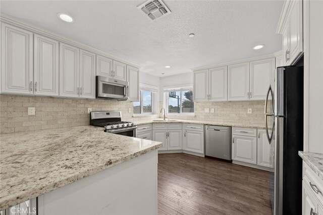 8225 W W Ave E4, Lancaster, CA 93536 - kitchen featuring stainless steel appliances, a sink, dark wood-style flooring, light stone countertops, and tasteful backsplash