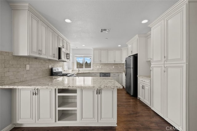 8225 W W Ave E4, Lancaster, CA 93536 - kitchen featuring stainless steel appliances, a peninsula, backsplash, light stone countertops, and dark wood finished floors
