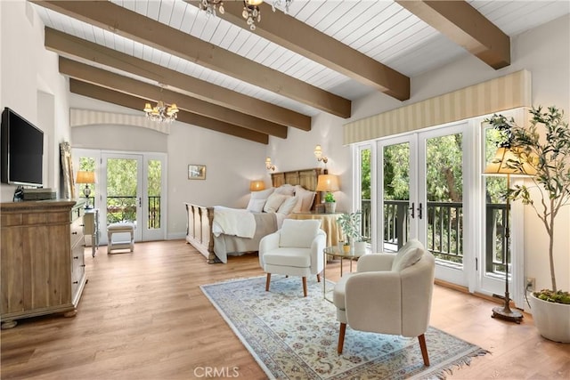 1761 Lemon Ter, North Tustin, CA 92705 - bedroom featuring access to outside, a chandelier, light wood-style flooring, wood ceiling, and baseboards