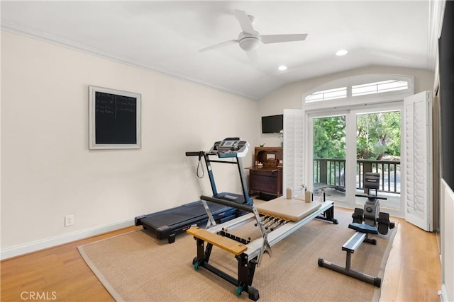 1761 Lemon Ter, North Tustin, CA 92705 - workout area featuring wood finished floors, vaulted ceiling, recessed lighting, a ceiling fan, and ornamental molding
