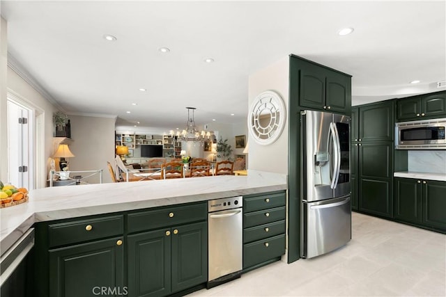 1761 Lemon Ter, North Tustin, CA 92705 - kitchen with green cabinetry, stainless steel appliances, a peninsula, recessed lighting, and ornamental molding