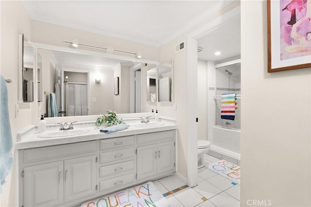 1761 Lemon Ter, North Tustin, CA 92705 - bathroom featuring an enclosed shower, toilet, double vanity, tile patterned floors, and ornamental molding