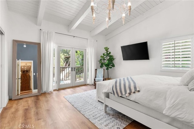 1761 Lemon Ter, North Tustin, CA 92705 - bedroom with access to outside, multiple windows, wood finished floors, a chandelier, and wooden ceiling