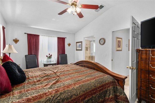 16290 Via Ultimo, Moreno Valley, CA 92551 - bedroom featuring lofted ceiling, carpet floors, a ceiling fan, and connected bathroom