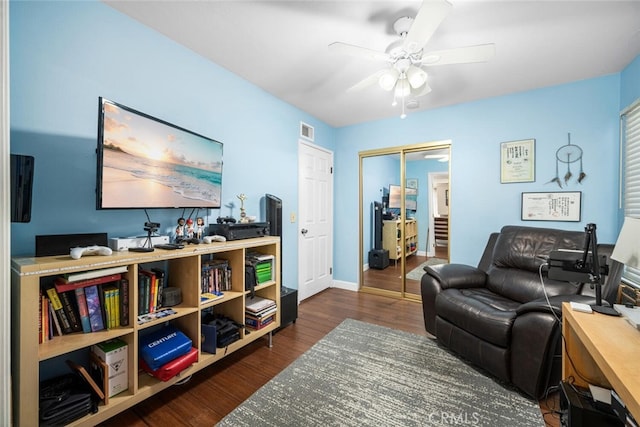 4435 Via Del Prado, Yorba Linda, CA 92886 - living room with a ceiling fan, an office area, and wood finished floors