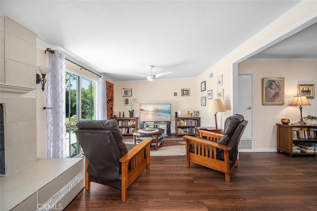 4435 Via Del Prado, Yorba Linda, CA 92886 - living room featuring dark wood-style flooring, crown molding, and a ceiling fan