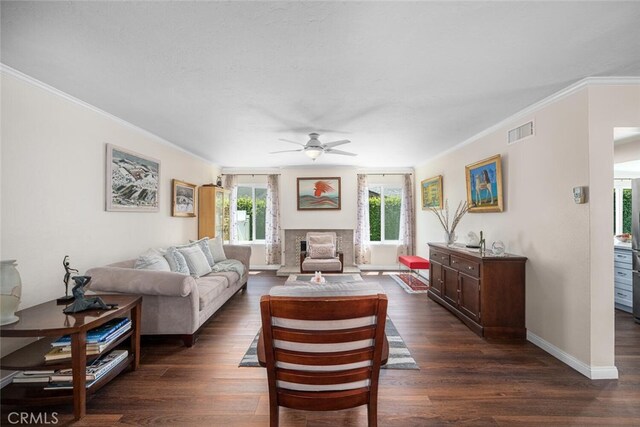 4435 Via Del Prado, Yorba Linda, CA 92886 - living area featuring ceiling fan, ornamental molding, and dark wood-style floors