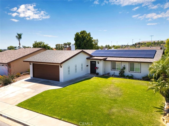 4435 Via Del Prado, Yorba Linda, CA 92886 - ranch-style home featuring an attached garage, a front yard, solar panels, and stucco siding