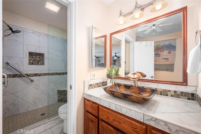 4435 Via Del Prado, Yorba Linda, CA 92886 - full bathroom featuring a ceiling fan, a shower stall, vanity, and marble finish floors