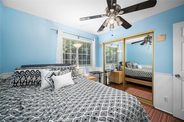 4435 Via Del Prado, Yorba Linda, CA 92886 - bedroom with a wainscoted wall, ceiling fan, a closet, and wood finished floors