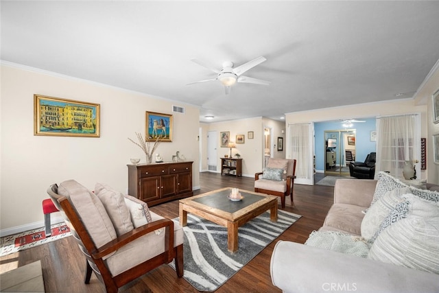 4435 Via Del Prado, Yorba Linda, CA 92886 - living room featuring ceiling fan, dark wood-style flooring, and crown molding