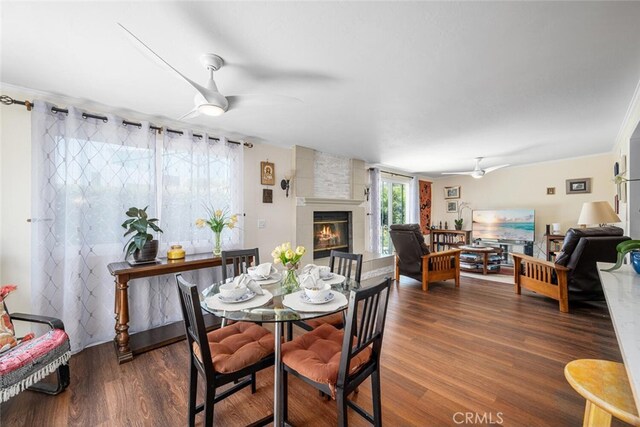 4435 Via Del Prado, Yorba Linda, CA 92886 - dining room featuring ceiling fan, wood finished floors, and a fireplace