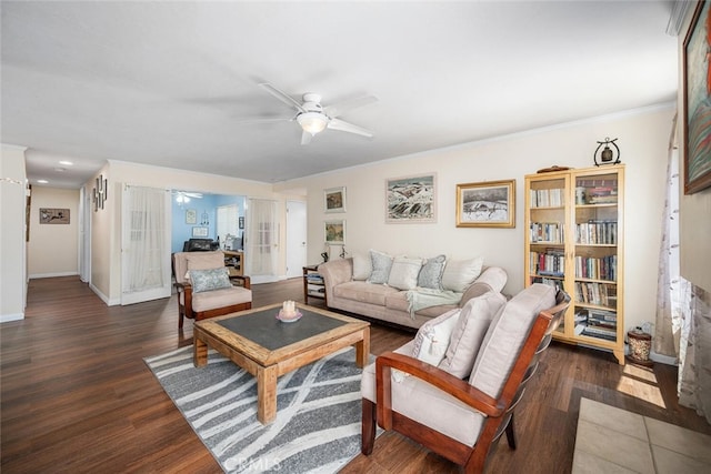 4435 Via Del Prado, Yorba Linda, CA 92886 - living room featuring a ceiling fan, wood finished floors, and ornamental molding