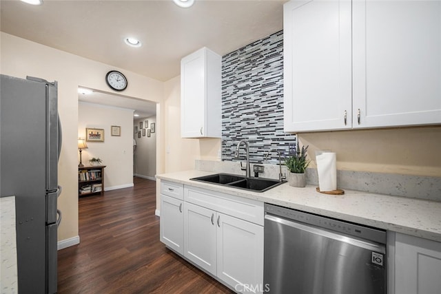 4435 Via Del Prado, Yorba Linda, CA 92886 - kitchen with stainless steel appliances, dark wood finished floors, tasteful backsplash, white cabinetry, and light stone countertops