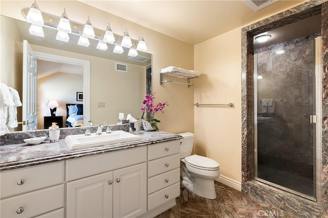 5010 Gate 4 Rd, Paso Robles, CA 93446 - ensuite bathroom featuring vanity, a shower stall, toilet, and marble finish flooring